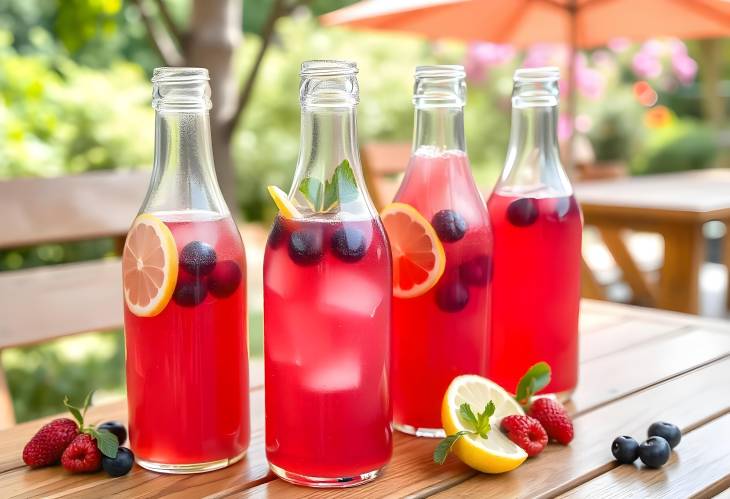 Charming Berry Lemonade Display Bottles on an Outdoor Table